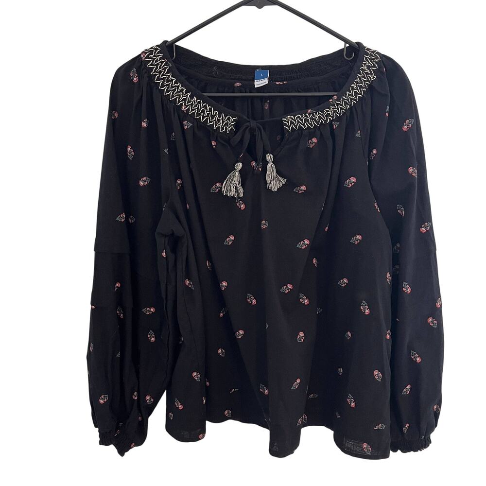 Old Navy Boho Blouse Womens Large Black Floral Embroidered Tassel Peasant Hippie